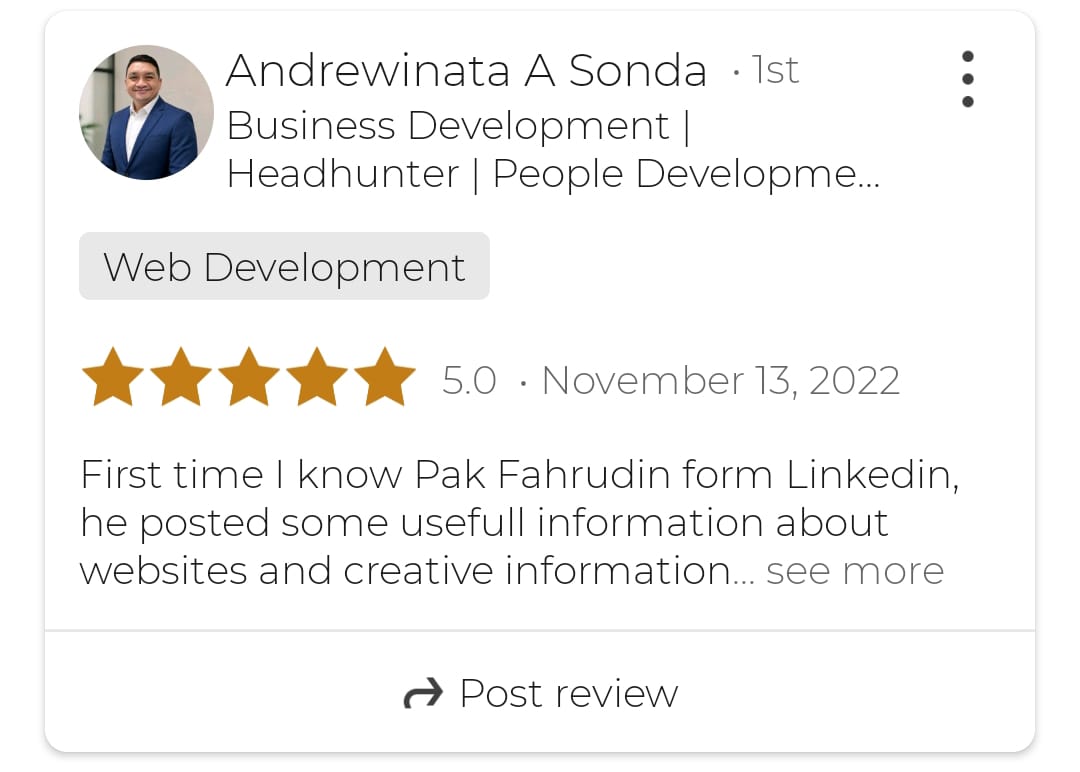 Testimoni klien jasa pembuatan website bisnis Letsgrow Media di LinkedIn