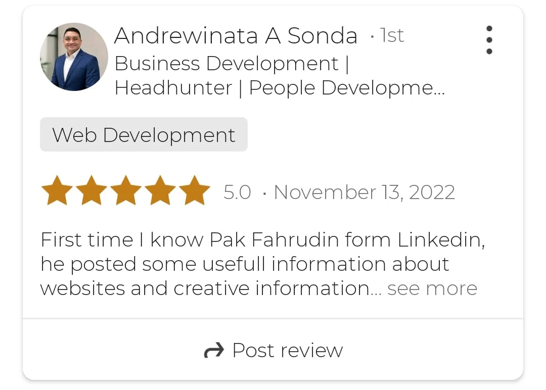 Testimoni klien jasa pembuatan website bisnis Letsgrow Media di LinkedIn