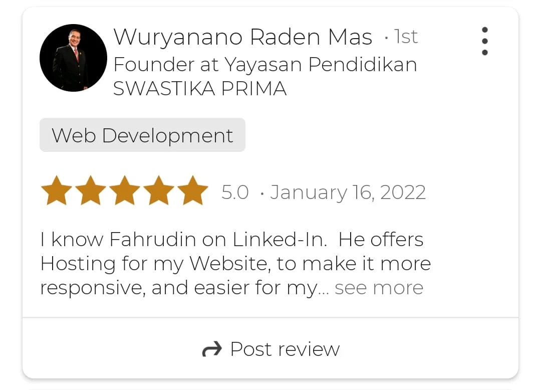 Testimoni klien layanan pembuatan website perusahaan Letsgrow Media di LinkedIn
