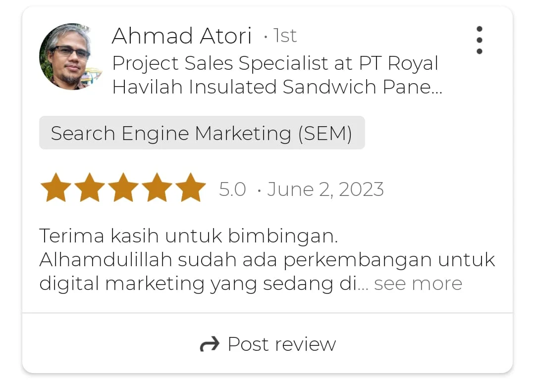 Testimoni klien layanan SEM iklan Google Ads Letsgrow Media di LinkedIn