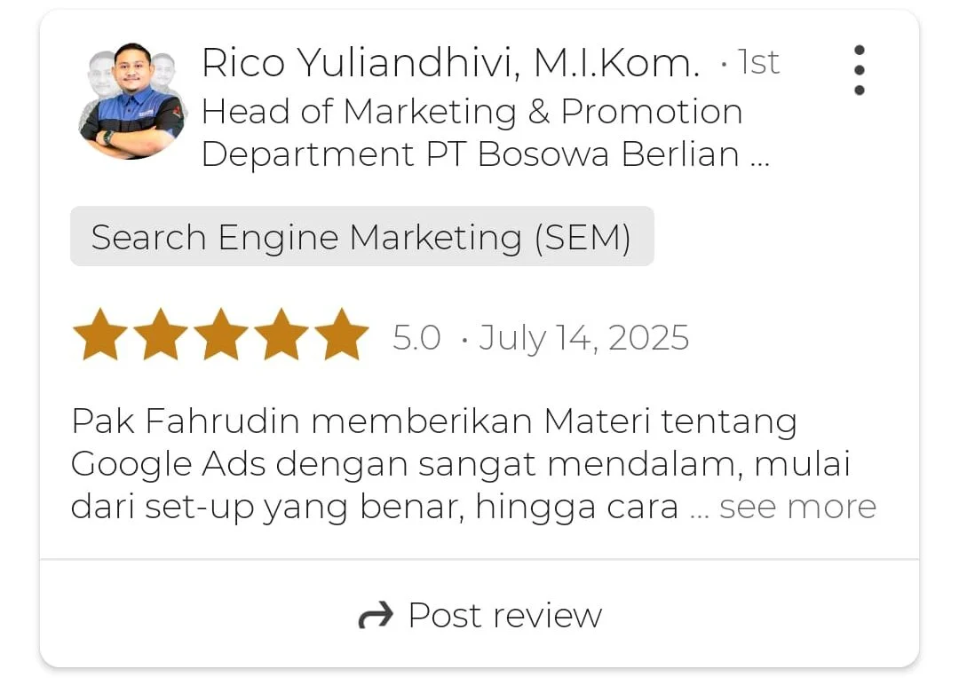 Testimoni klien mentoring tim marketing untuk iklan di Google Letsgrow Media di LinkedIn