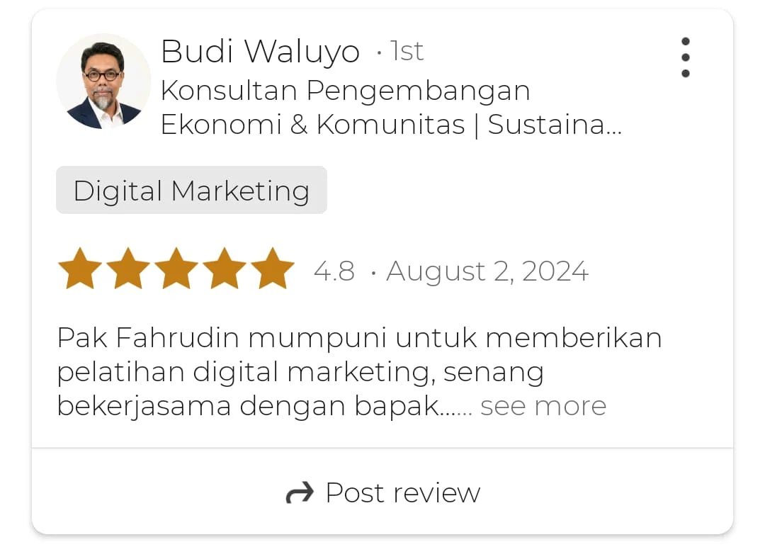 Testimoni peserta seminar digital marketing Letsgrow Media di LinkedIn